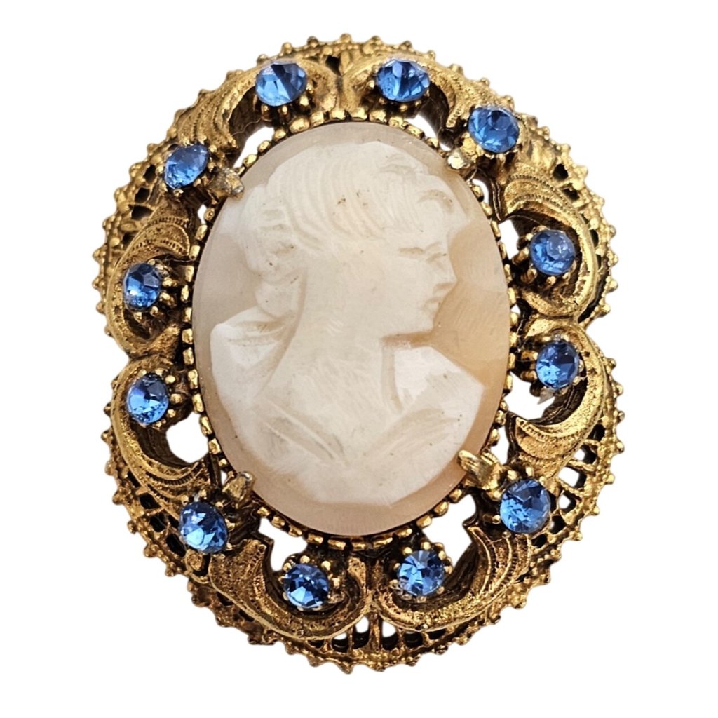Florenza Shell Carved Cameo Brooch Blue Rhinestone Oval Pin Pendant Signed J377 108$